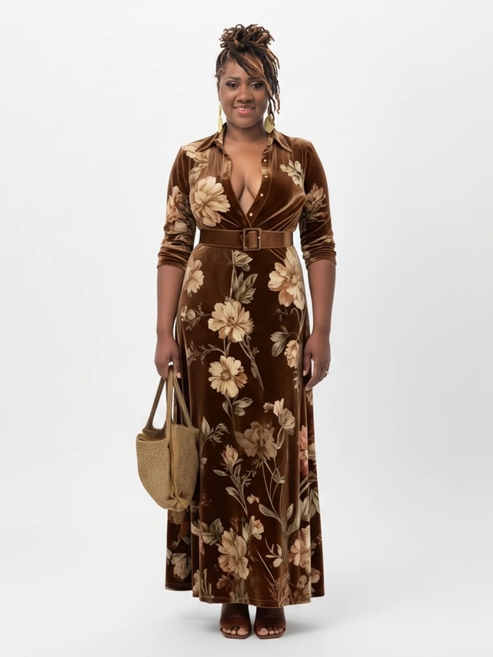 Brown Floral Velour Maxi Dress (No Belt included)